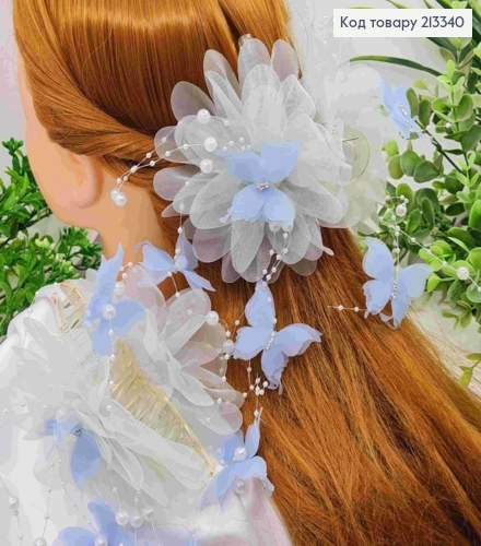 Краб пластик с бантиком из органзы, с бусинками, камешками и бабочками, 13см, ГОЛУБОГО цвета 213340 фото 1