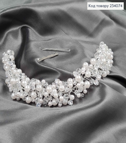 Веточка у волос серебряного цвета, ручной работы, с жемчужками, камнями и стеклярусом. 234074 фото 2