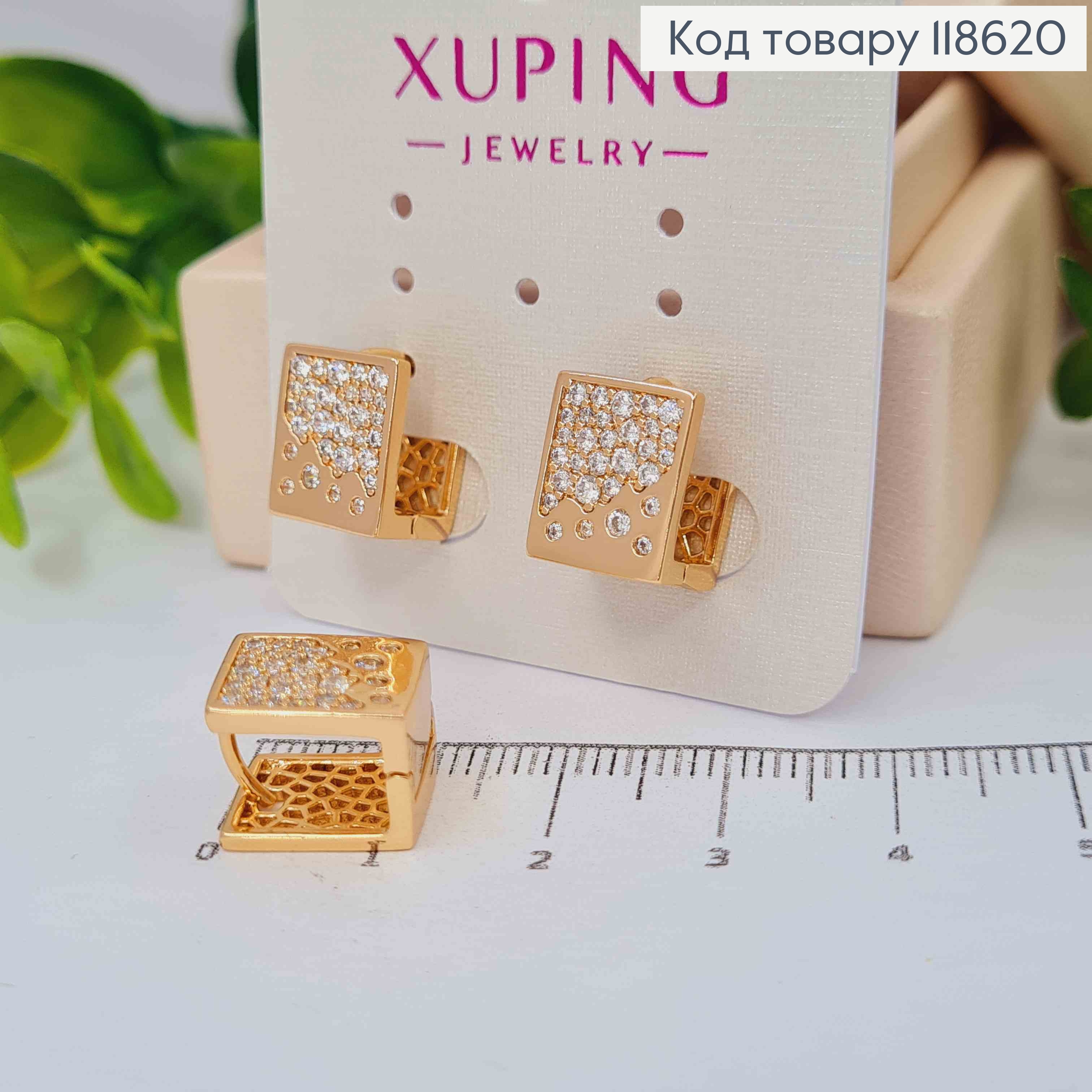 Сережки кільця "Квадратні" прикрашені блискучими камінцями, ширина 1см, довжина 1,2см, Xuping 18К 118620 фото 2