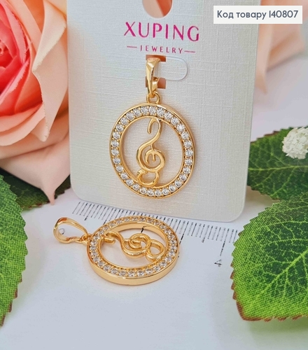 Кулон, "Скрипический ключ" в круглой оправе из камешков, 2 см, Xuping 18K 140807 фото 1