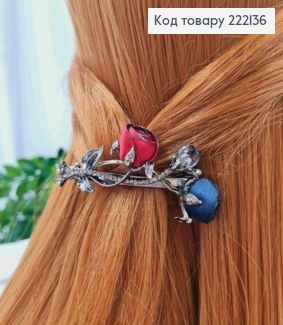 Заколка автомат Серебряного цвета 5,5см, Две Розы Красного и Синего цвета с камешками. 222136 фото