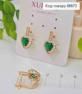 Сережки "Гаряче Серце" з Зеленим каменем в оправі з камінців, 1,6см, англійська застібка, Xuping 18К 118873 фото