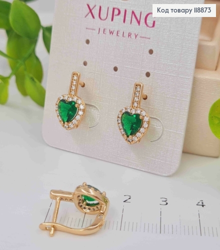 Серьги "Горячее Сердце" с Зеленым камнем в оправе из камней, 1,6см, английская застежка, Xuping 18К 118873 фото 1