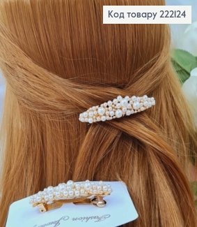 Заколка автомат, в жемчужинах разного размера, 6 см 222124 фото