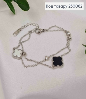 Браслет двойной серебряного цвета, Van Cleef двухсторонний + Камешок, 17+5см, Stainless Steel 250082 фото