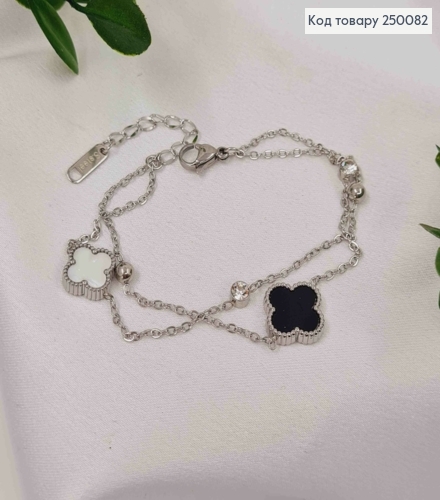 Браслет двойной серебряного цвета, Van Cleef двухсторонний + Камешок, 17+5см, Stainless Steel 250082 фото 1