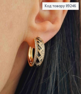 Серьги кольца с Блестящими камешками и Черной эмалью, ширина 7мм, диаметр 1,8см, Xuping 18K 119246 фото