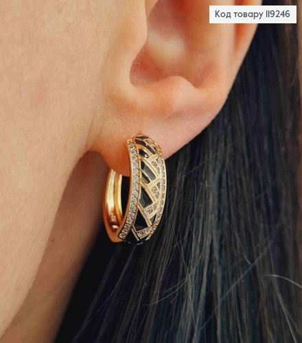 Серьги кольца с Блестящими камешками и Черной эмалью, ширина 7мм, диаметр 1,8см, Xuping 18K 119246 фото 1