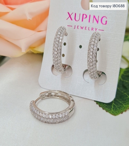 Сережки родированые кольца с тремя рядами камней, 2*0,5см, Xuping 180688 фото 1