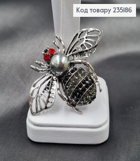 Брошка метал Муха серебро с чорными камушками 5х3,5см 235186 фото