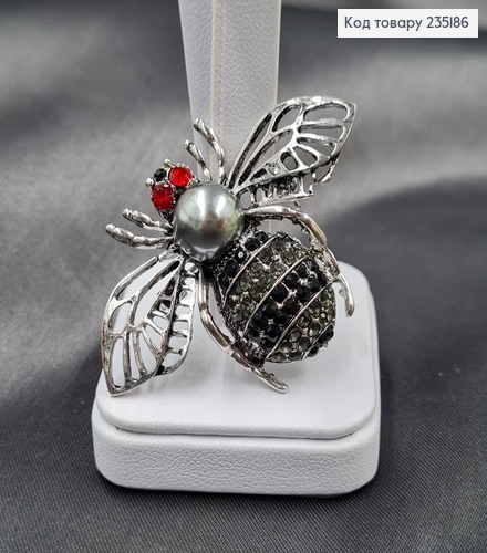 Брошка метал Муха серебро с чорными камушками 5х3,5см 235186 фото 1