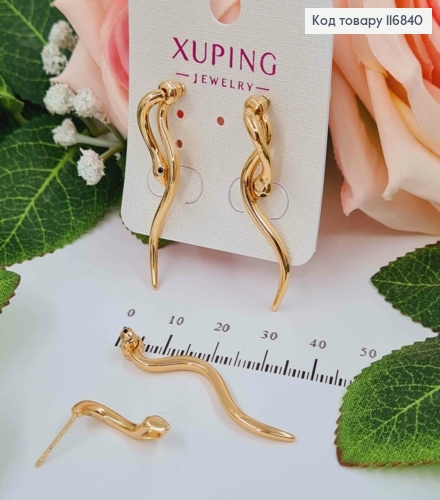 Серьги гвоздики, винтовые Змейки с черными глазами, 4см, Xuping 18K 116840 фото 3