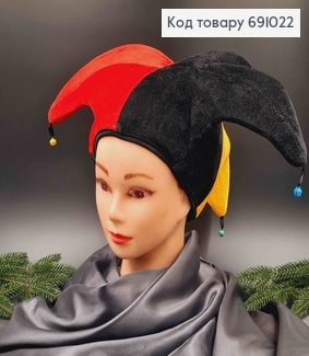 Шапочка Шута, карнавальна, з дзвониками, червоно-оранжево-чорна, діам. 25см 691022 фото