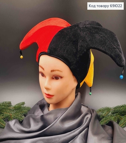 Шапочка Шута, карнавальная, с колокольчиками, красно-оранжево-черная, диам. 25см 691022 фото 1