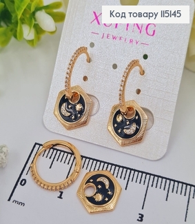Серьги коьца "Космос" с черной керамикой и камешками 2,5см,  Xuping 18K 115145 фото