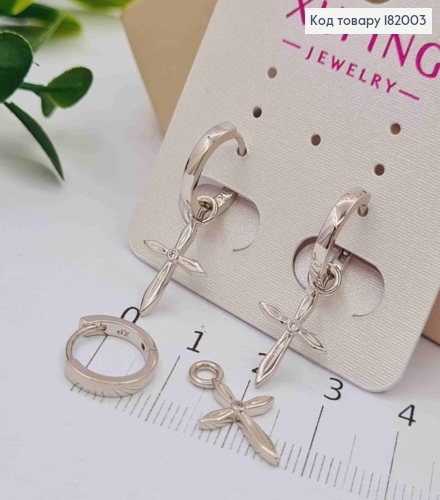 Сережки родовані кільця з підвіскою "Хрестик" з Блискучим каменем, діаметр 1,6+1,9см, Xuping 182003 фото 2