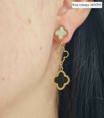 Серьги гвоздики "Van Cleef" с черной и перламутровой эмалью, лимонные 4,5см, сталь Stainless Steel 260092 фото 1