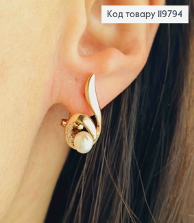 Серьги "Искра" с Блестящими камешками и жемчужиной, размер 1,9см, итальянская застежка, Xuping 18K 119794 фото