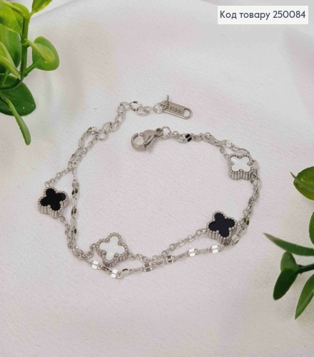 Браслет подвійний срібного кольору, Van Cleef двосторонній, 17,2+5см, сталь Stainless Steel 250084 фото 1