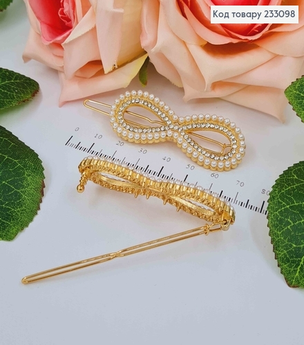 Заколка на зажимчике, в форме Бесконечности в камнях и жемчужинах, 7см 233098 фото 1