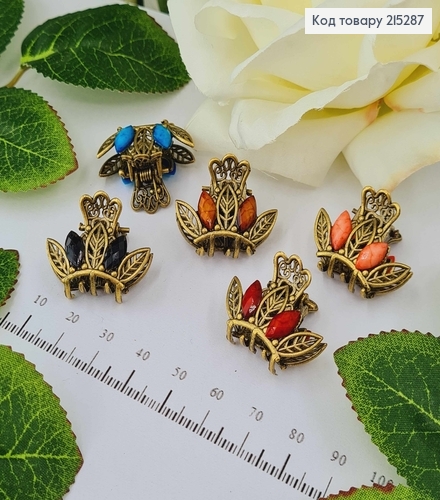 Краб метал бронза, 2,5см, листочки з камінцями кольори в асорт.  215287 фото 1