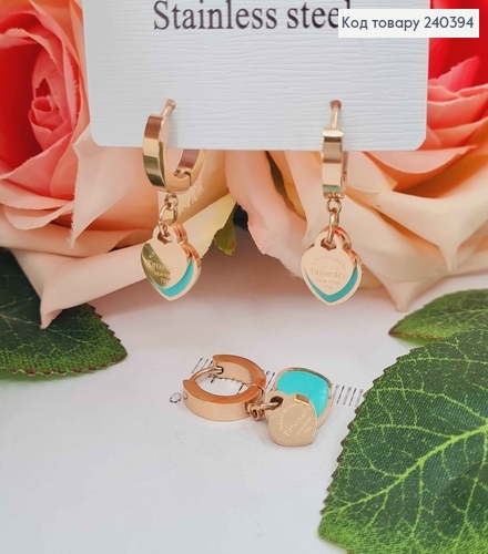 Серьги кольца 1,5см, золотого цвета с подвесками сердечками цвета тиффани, сталь Stainless steel 240394 фото 2