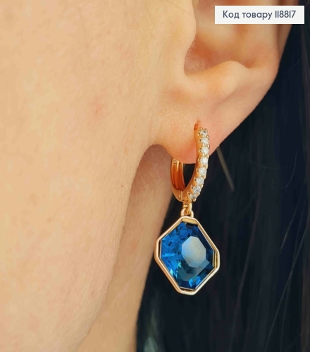Сережки кільця (1,3см) з підвісним граненим Темно-Синім каменем Сваровскі (1,3см), Xuping 18К 118817 фото 4