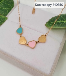 Ланцюжок, з підвісками блакитно-рожевими сердечками, золотого кольору, довж. 40+5см, сталь Stainless 240350 фото