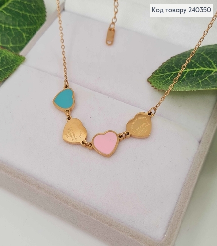 Ланцюжок, з підвісками блакитно-рожевими сердечками, золотого кольору, довж. 40+5см, сталь Stainless 240350 фото 1