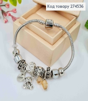 Браслет "ПАНДОРА", шармик с Белым камнем + (Love/Мишка/Бусины), серебряного цвета, бижутерия 274536 фото
