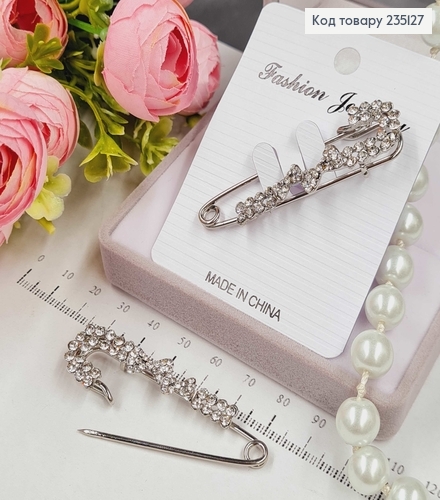 Брошка Шпилька "Два бантика" в камушках 5.5*1.5 см, серебряный цвет. 235127 фото 1