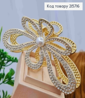 Краб метал "КВІТКА" з Блискучими камінцями та Перлинкою, 10,5см, Золотого кольору 215716 фото
