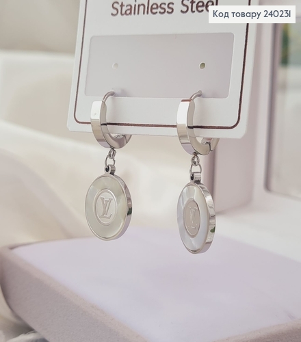 Сережки родированые кольца LVMH с белой вставкой, 3*1,5см, Stainless Steel 240231 фото 2