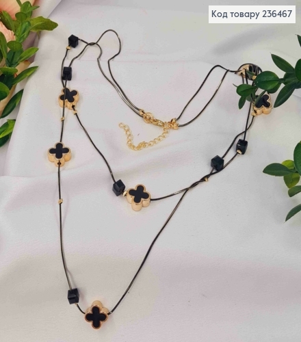 Біжутерія на шию подвійна з Van Cleеf та квадратними бусинами, 80+6см, Чорного+Золото  кольору 236467 фото 2