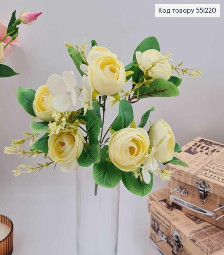 Композиция декоративная "МОЛОЧНАЯ Камелия (7 головок) с белыми приложениями", высота 31см 551220 фото 1