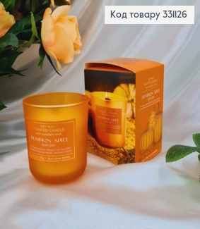 Парфумована СОЄВА свічка стакан PUMPKIN SPICE semi dry з дерев"яним гнотом, 150г/35год,bartek 331126 фото