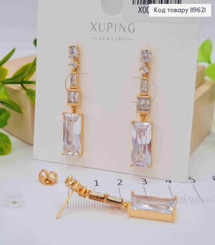 Серьги гвоздики с квадратными блестящими камешками, дл. 4,2см, Xuping 18К 119621 фото 2