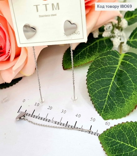 Серьги родованные, протяжки 5см, с сердечком 1,6см, Xuping 181069 фото 1