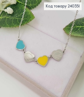 Цепочка, с подвесками голубовато-желтыми сердечками, серебряного цвета, дл. 40+5см, сталь Stainless Steel 240351 фото