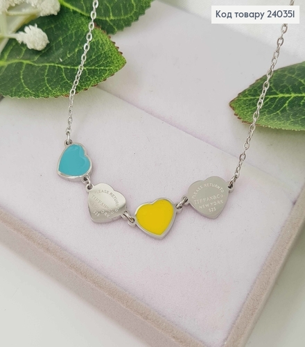 Цепочка, с подвесками голубовато-желтыми сердечками, серебряного цвета, дл. 40+5см, сталь Stainless Steel 240351 фото 1