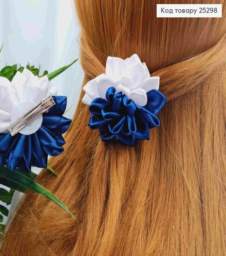 Заколка стрела объемный цветок "Хризантема", Бело-Синего цвета, 7 см, ручная работа. 276100 фото 1