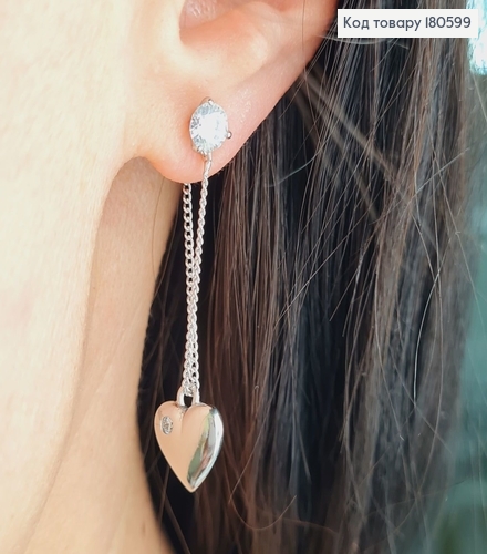 Серьги родированые (4см) гвоздики с камнем и сердечком на цепочке Xuping 180599 фото 1
