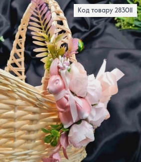 Декоративная повязка для корзины РОЗОВАЯ с зайкой и цветами, 16*10см на завязках 283011 фото