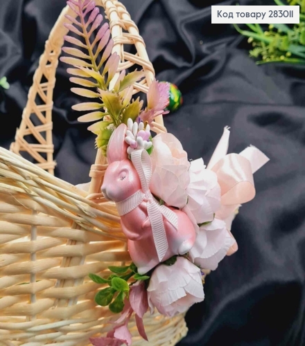 Декоративная повязка для корзины РОЗОВАЯ с зайкой и цветами, 16*10см на завязках 283011 фото 1