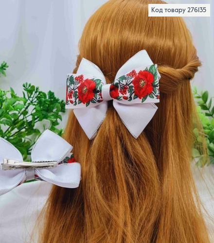 Бант БЕЛЫЙ с принтом "КРАСНЫЕ МАКИ", на заколке 6,5см, ткань репс, размер 12*9,5см, ручная работа 276135 фото 1