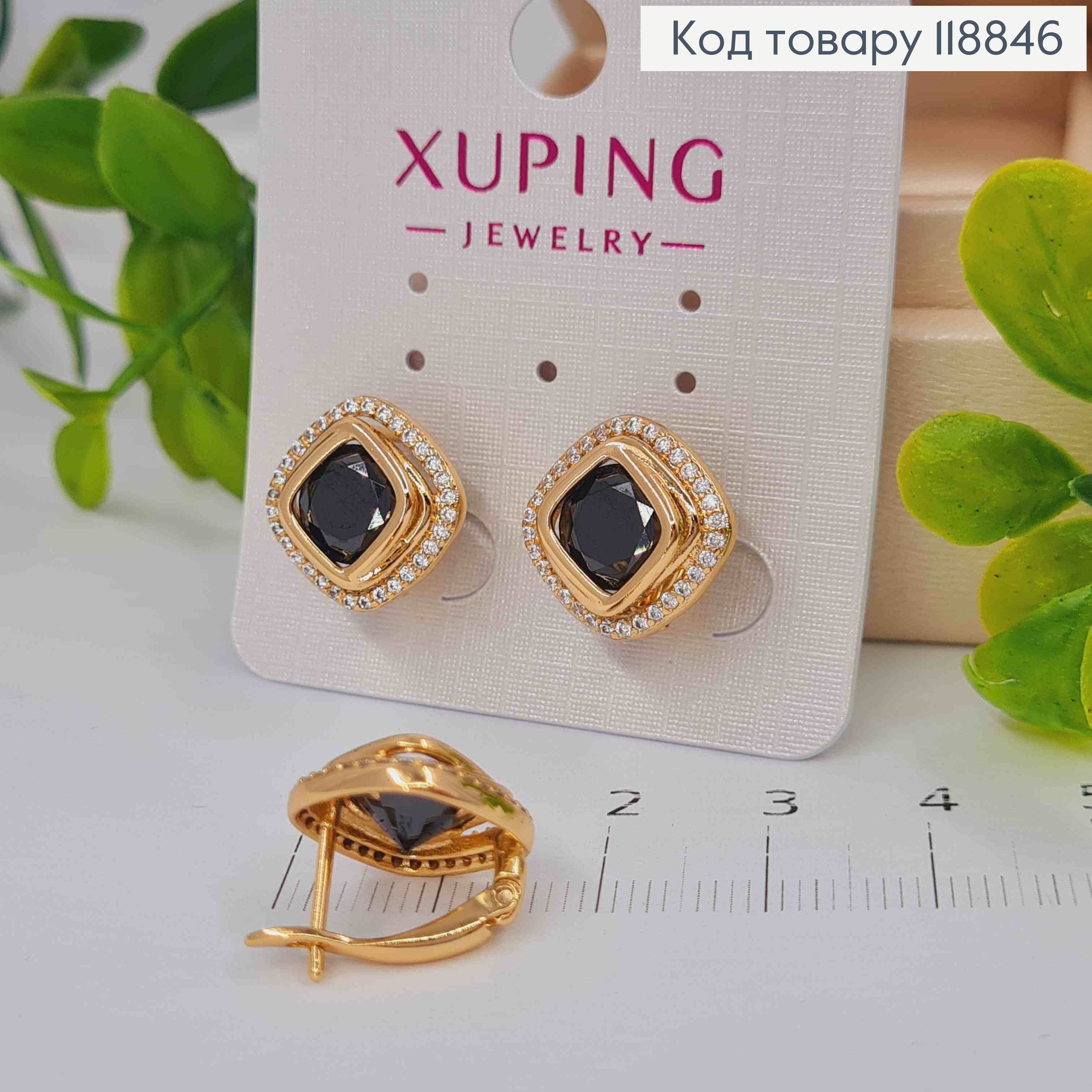 Сережки "Очі Сфінкса" з Зеленим каменем в оправі з камінців, 1,4см, англ. застібка, Xuping 18К 118846 фото 1