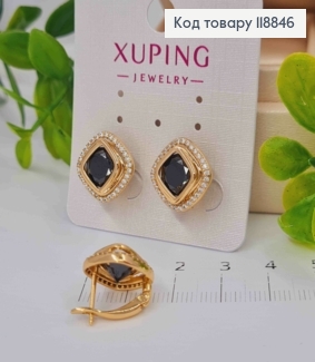 Серьги "Глаза Сфинкса" с Черным камнем в оправе из камешков, 1,4см, англ. застежка, Xuping 18К 118846 фото