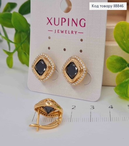 Сережки "Очі Сфінкса" з Зеленим каменем в оправі з камінців, 1,4см, англ. застібка, Xuping 18К 118846 фото 1