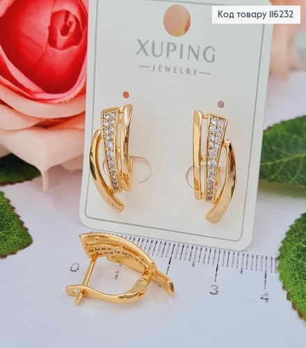 Серьги "Три свирели" с камешками, 2см, англ. зам. Xuping 18K 116232 фото 2