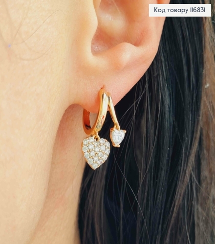 Серьги кольца 1,2см, с подвеской сердечком в камешках, Xuping 18К 116831 фото 1